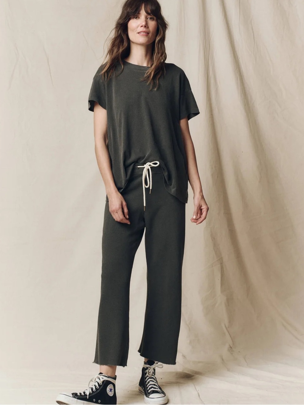 THE GREAT. Wide-Leg Cropped Knit Pants - Olive
